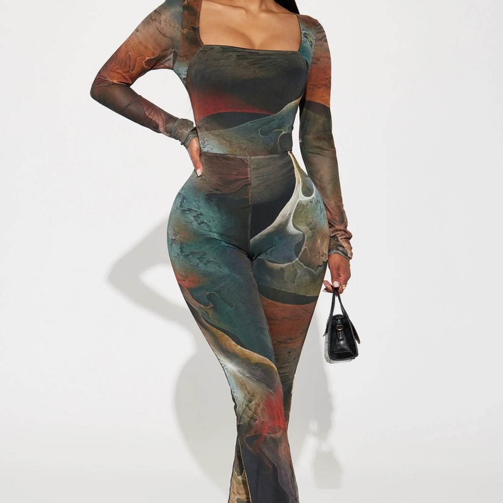 Red and Green Jumpsuit with Sheer Sleeves and Square Neckline